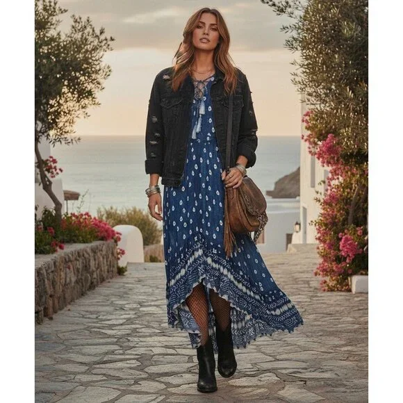 Jen's Pirate Booty Blue Paisley Print Boho High Low Maxi Dress Coastal Cowgirl S